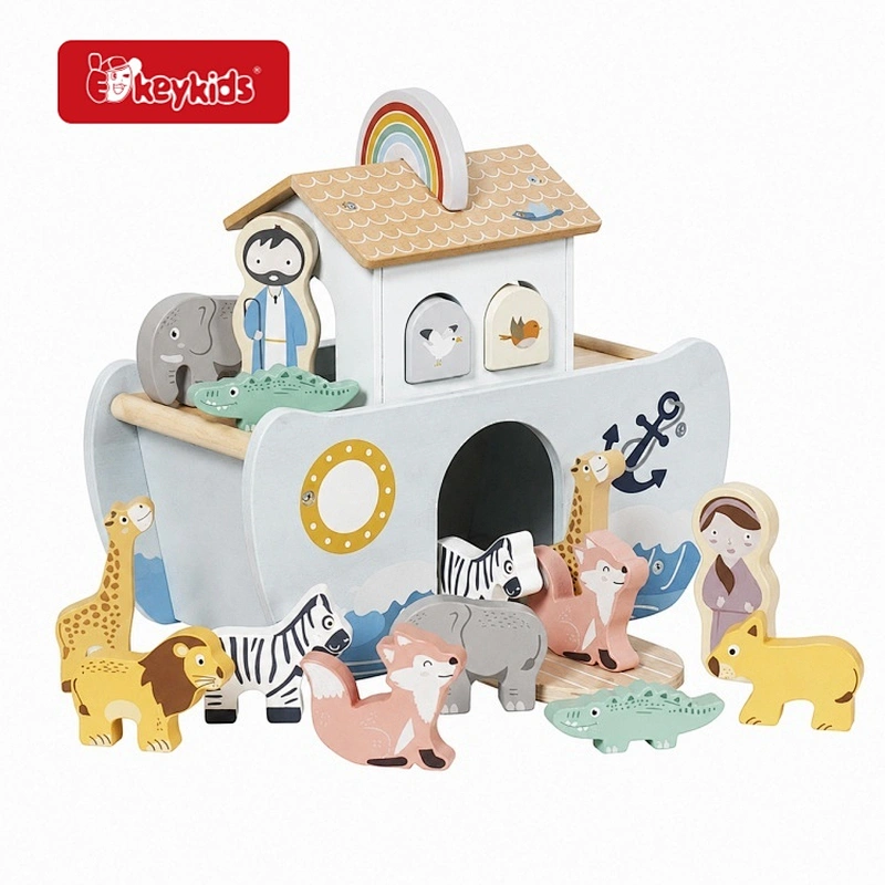 Soft Blue Wooden Noah's Ark Montessori Play Set with Assorted Wildlife Figures Shape Sorting Early Learning Pretend Play W12D979